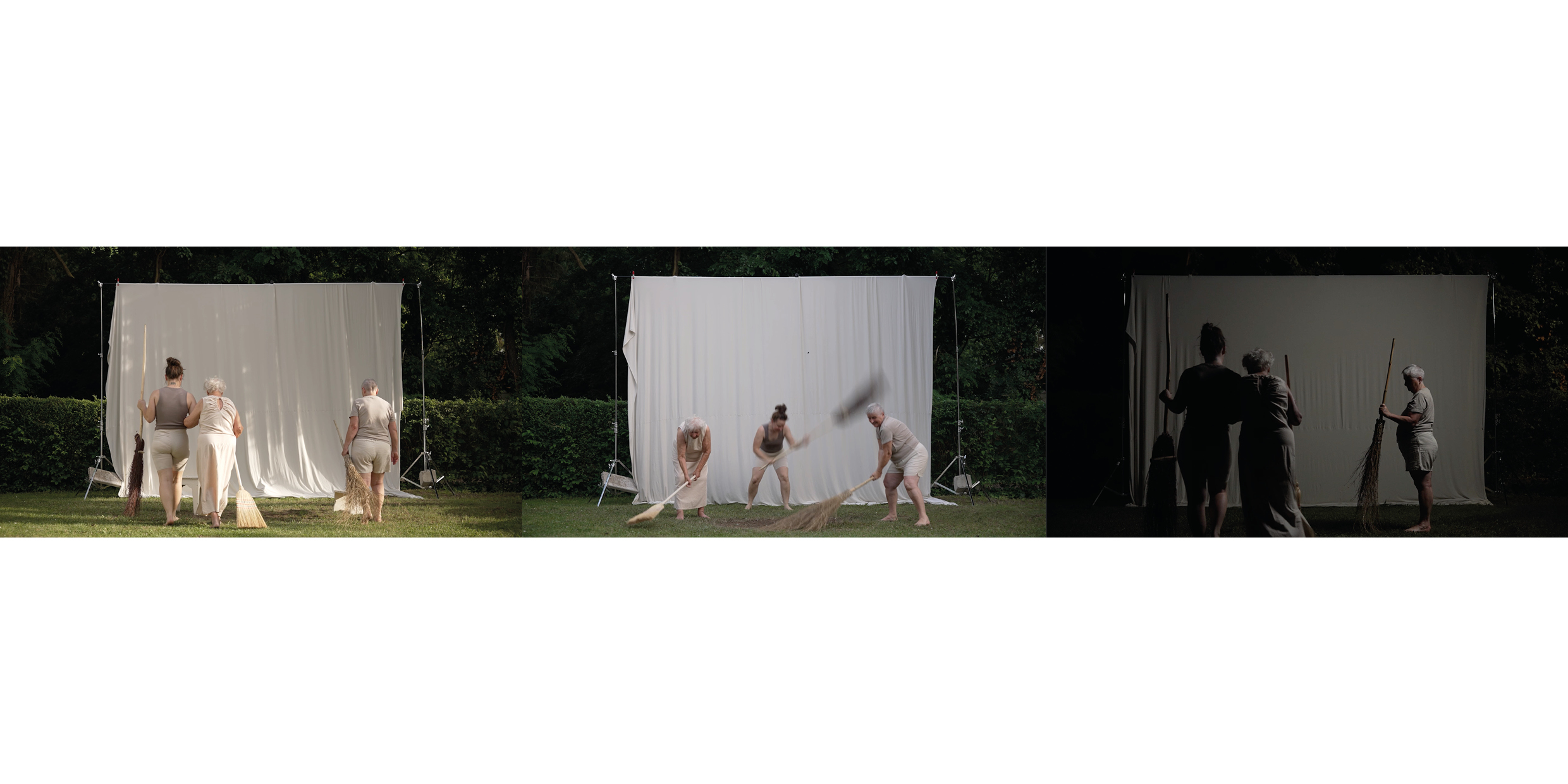 AND YET WE STILL KEEP ON LIVING… Photo performance, 3 channel video, brooms, 2024
