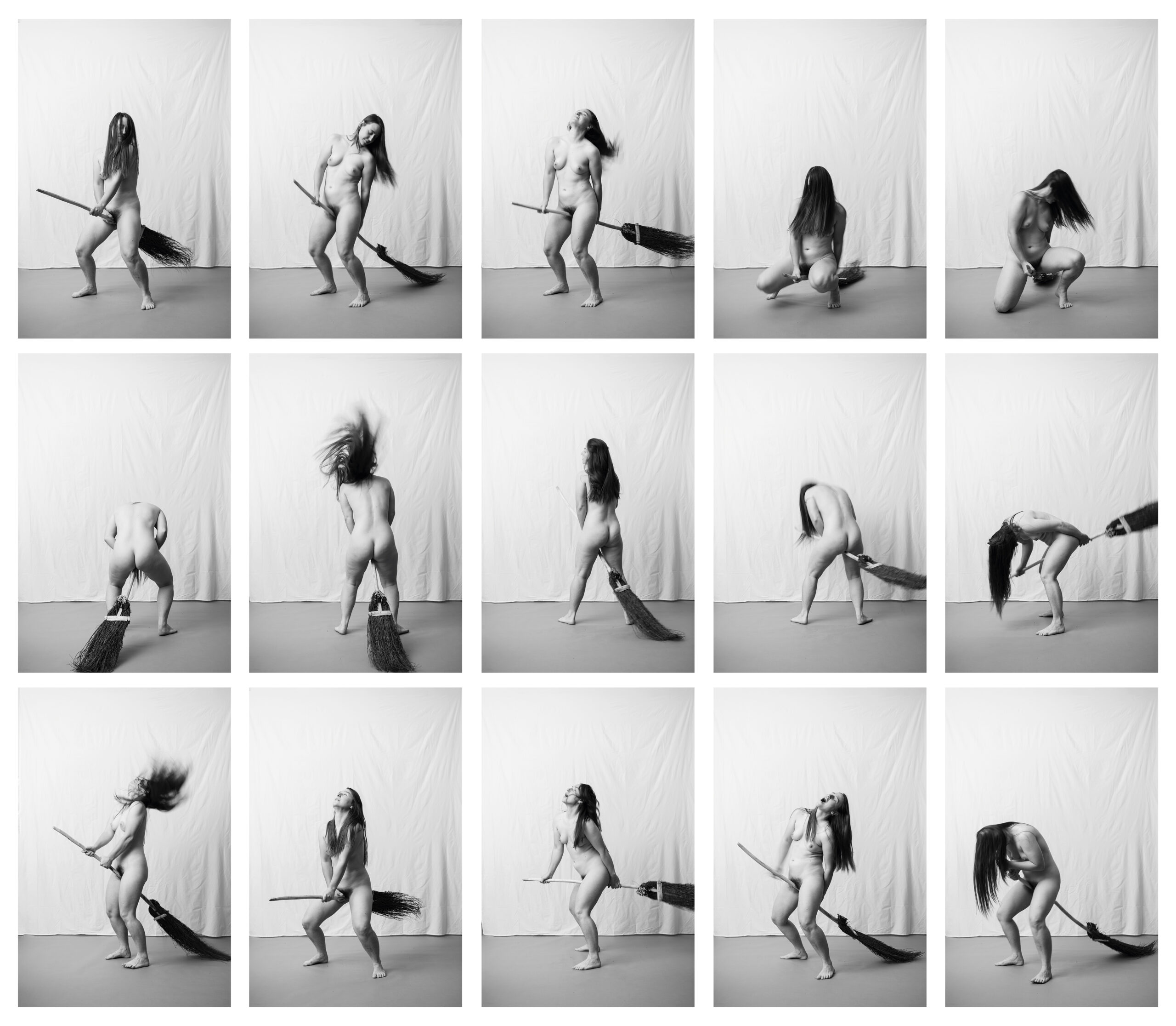 AND YET WE STILL KEEP ON LIVING… Photo performance, 3 channel video, brooms, 2024